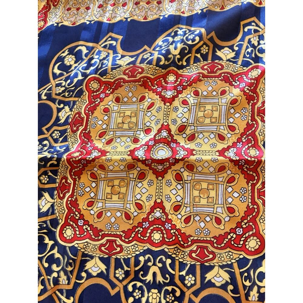 VTG Lucky 100% Silk Scarf Large Baroque Medallion Blue Gold Satin Stripe Border - Picture 6 of 16